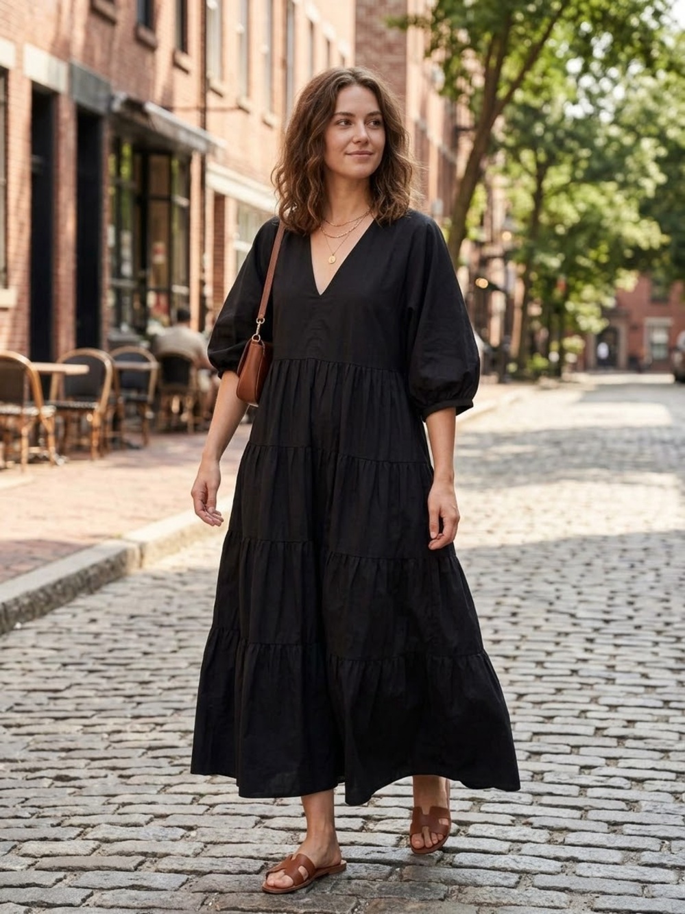 ZARA Black Popli Tiered Maxi Dress V-Neck Balloon Sleeve Flowy Dress XS